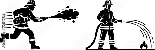 Silhouettes of firefighters using hoses to combat a fire