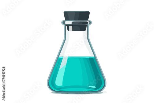 Laboratory Erlenmeyer flask with turquoise liquid sealed by dark stopper