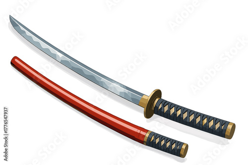 Japanese samurai sword with sharp steel blade and traditional red scabbard