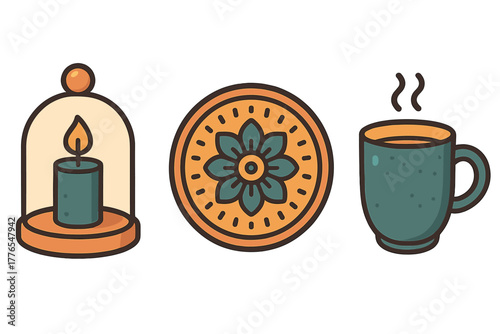 Cozy decorative elements featuring a lit candle, floral pattern, and steaming mug