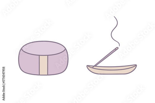 Minimalist zafu meditation cushion next to an incense stick burning in a small dish holder