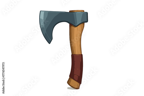 Stylized cartoon axe featuring a sharp metal blade and wooden handle wrapped in a brown leather grip