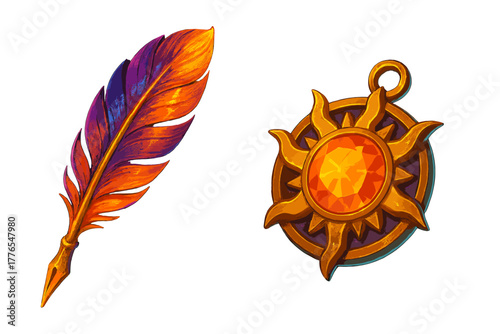 Magical feather quill pen and golden sun amulet with orange gemstone
