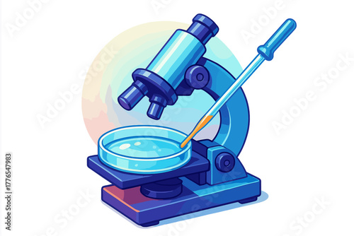Blue laboratory microscope with petri dish and pipette for biological analysis