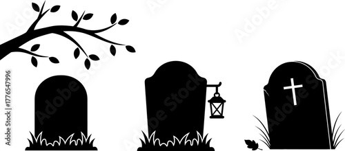 Silhouette of gravestones and a bare tree branch