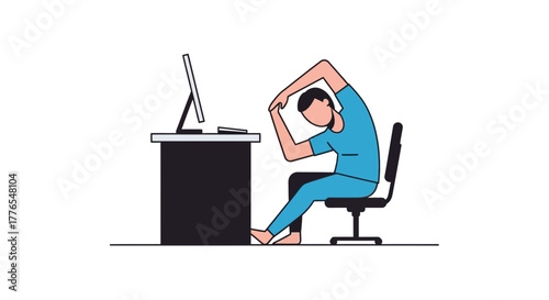 Person stretching at desk for ergonomic wellness, promoting healthy office habits and stress relief during workday