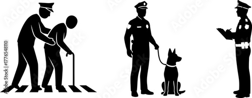 Police officers assisting elderly person and with a dog, and writing report