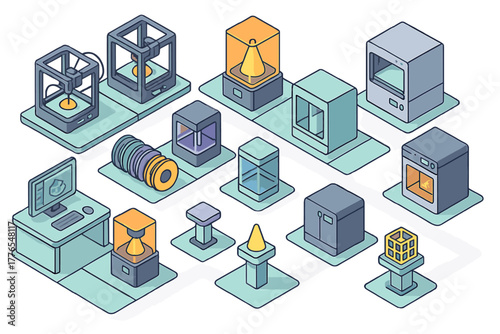 Isometric icons set of 3D printing machines and additive manufacturing equipment