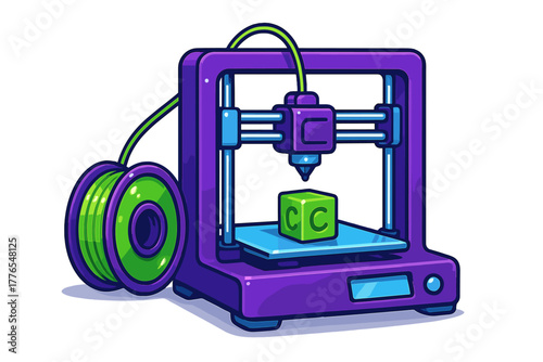 Modern desktop 3D printer manufacturing a prototype cube using bright purple and green filament