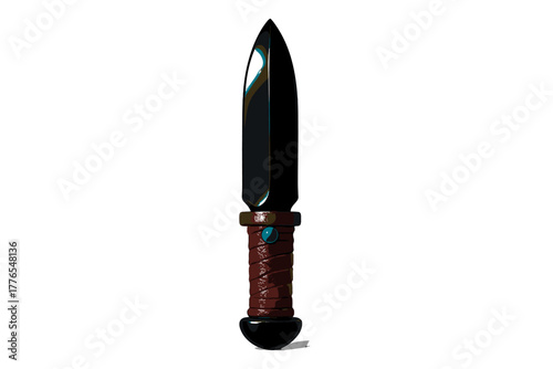 Stylized fantasy short sword with black blade, brown leather handle, and turquoise jewel detail