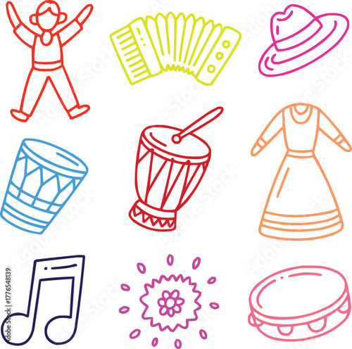 Cultural Heritage Doodle Icons Set  Folk Dance, Accordion, and Traditional Costume Symbols
