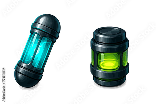 Two futuristic sci-fi capsules containing glowing blue and green mysterious energy liquid
