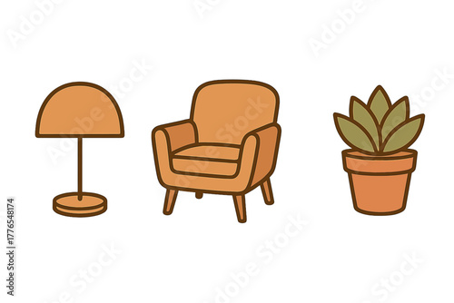 Collection of modern interior design elements featuring a cozy armchair, standing lamp, and potted houseplant