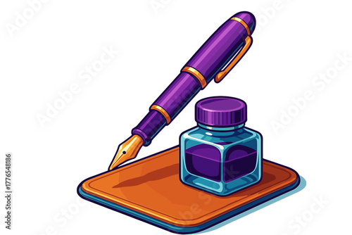 Elegant purple fountain pen and ink bottle resting on an orange writing pad