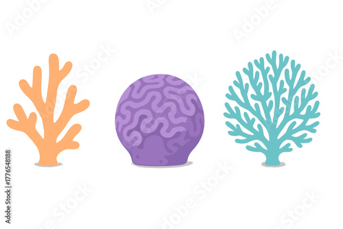 Vibrant collection of three stylized marine corals and sea sponges in orange, purple, and blue colors