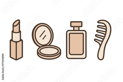 Minimalist collection of beauty and personal care products like lipstick, powder, perfume, and comb