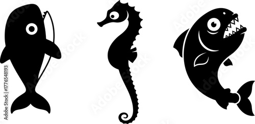 Diverse sea creatures whale, seahorse, and piranha in silhouette