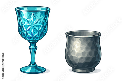 Stylized blue faceted crystal glass goblet and dark hammered metal cup