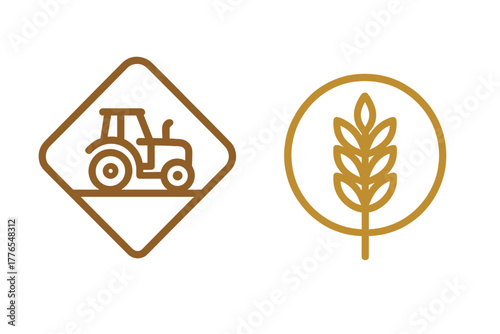Simple brown outline icons for agriculture and harvest: farm tractor and wheat spike
