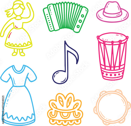 Cultural Heritage Doodle Icons Set  Folk Dance, Accordion, and Traditional Costume Symbols
