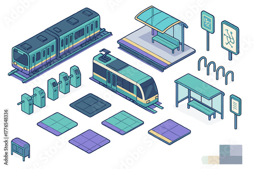 Isometric public transit elements including subway train, tram, station platforms, and ticket gates