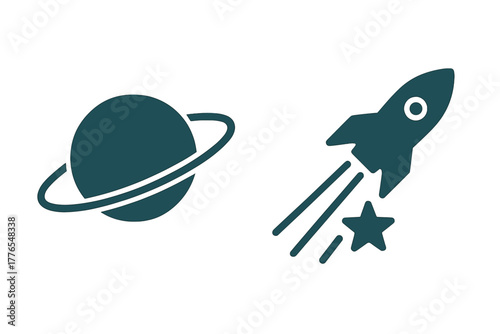Monochromatic space icons showing a ringed planet and a launching rocket ship