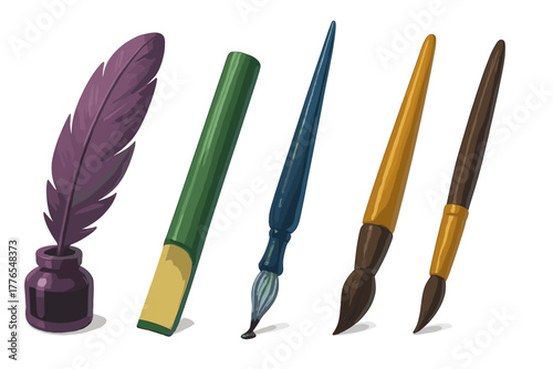 Classic writing and painting tools including quill pen, ink pot, bamboo stick, and artist brushes