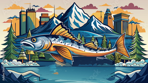 Very beautiful illustration of Idaho, featuring a large fish leaping from the water, with majestic mountains and a city skyline in the background, and the word "Idaho" prominently displayed in bold le