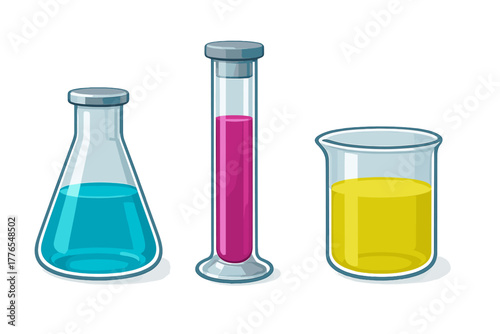 Chemistry laboratory glassware set with colorful liquids for scientific research and experiments
