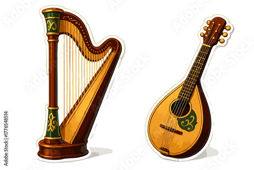 Traditional wooden harp and mandolin musical instruments with decorative green accents on white background