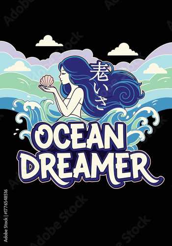 A beautifully stylized illustration depicts a serene blue-haired mermaid cradling a seashell amidst dynamic ocean waves, embodying an "OCEAN DREAMER" theme.
