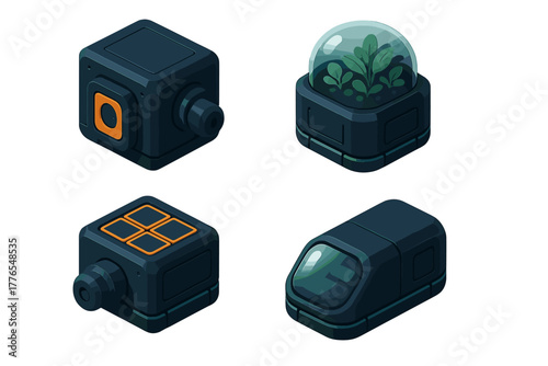 Dark futuristic isometric modular components set featuring technology, control, and transport units