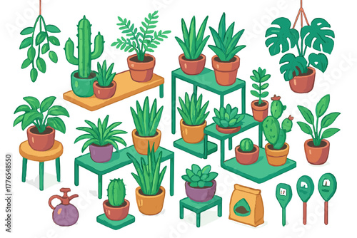 Assortment of popular indoor potted plants like cactus, aloe, and monstera displayed on tiered shelves