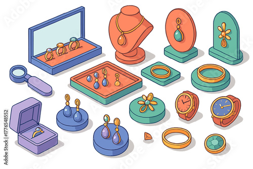 Detailed collection of luxury jewelry and accessories including rings necklaces and watches displayed in isometric view