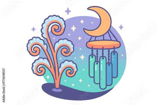 Stylized winter night scene featuring a snowy plant and crescent moon wind chime
