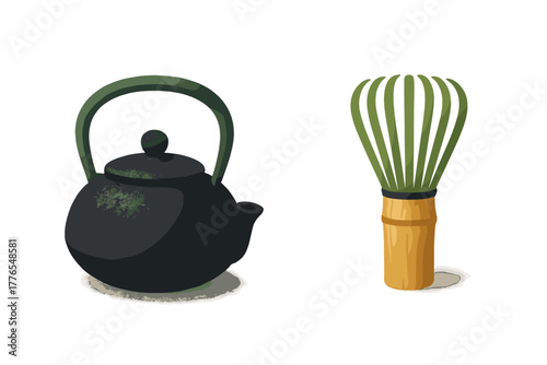 Traditional Japanese cast iron teapot and bamboo matcha whisk for tea preparation