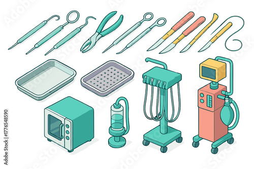Isometric professional dental and surgical instruments medical equipment set