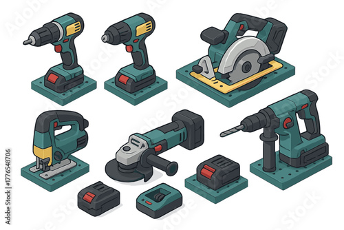 Professional collection of cordless power tools set including drills, saws, grinder, and batteries