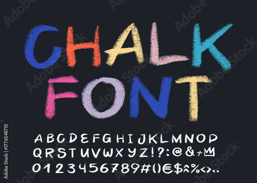 Cute crayon letters. Kids signs and symbols font. ABC and numbers. School alphabet with chalk, charcoal texture. Grunge Chalk Texture Font. Hand drawn vector alphabet created with chalk and charcoal.
