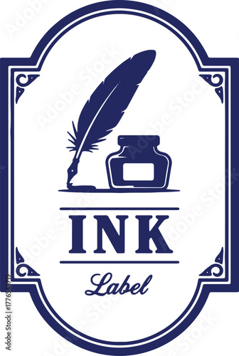 Elegant ink label design with quill and inkwell graphic element vector illustration