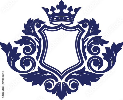 Elegant royal crest vector illustration with a crown and floral ornaments heraldic emblem design