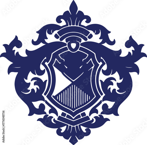 Elegant Vintage Crest Design Ornate Floral Decoration in Navy Blue Heraldic Symbol