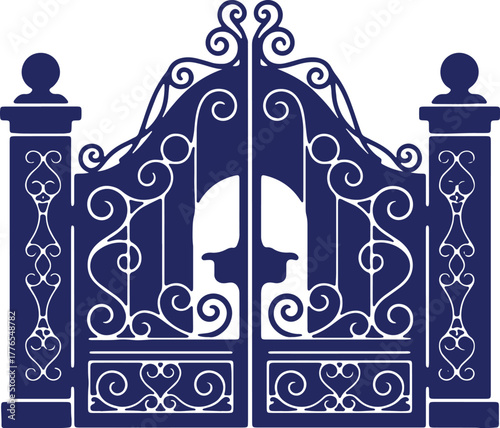 Elegant Wrought Iron Gate with Swirling Designs Illustration for Architectural Projects and Security Systems Design