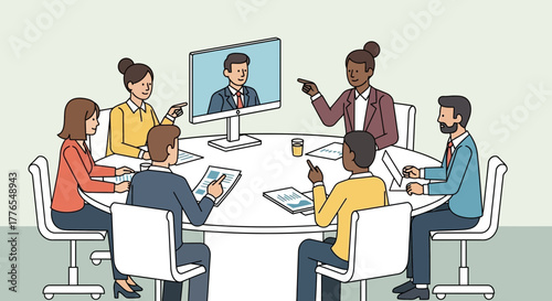 Team collaboration during a video conference, business people discussing project data in a meeting, modern office setting, remote teamwork and communication