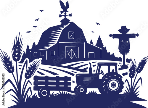 Rural farm landscape with barn tractor wheat field and scarecrow in a simple design