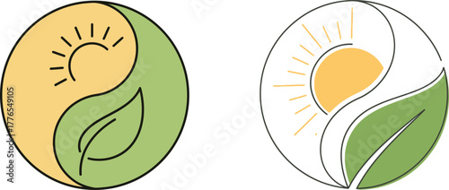 Yin yang symbol with sun and leaf