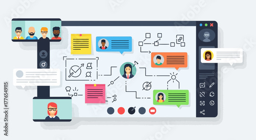 Modern collaborative workflow with video conferencing and project management tools, perfect for remote teams and digital transformation initiatives, scalable graphic