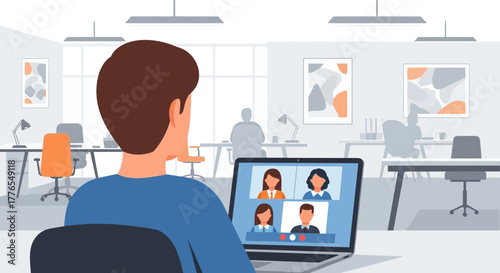 Man participates in a virtual meeting on his laptop in a modern office, connecting with colleagues remotely for a productive and engaging collaboration session