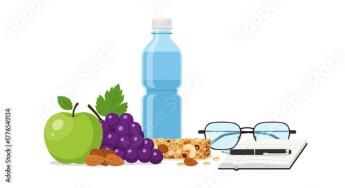 Fuel your focus with a healthy snack, refreshing water, and essential study tools for productive work or learning sessions.