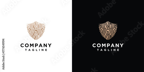 Shield logo design template with wood pattern in modern line art.	
